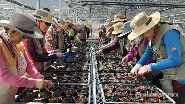 지리산국립공원경남사무소가 16일 하동군 화개면에 위치한 지리산국립공원 스마트증식장에서 국립공원 자원활동가와 함께 봄 맞이 파종 행사를 실시했다<사진제공=지리산국립공원사무소>