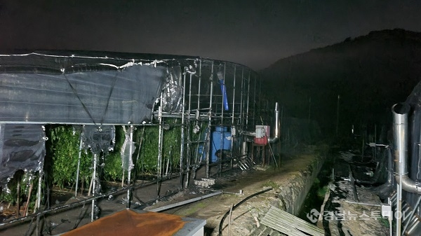 진주시 금곡면 비닐하우스 화재 현장<사진제공=경남도소방본부>